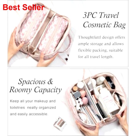 Large Capacity Travel Makeup Bag Set, 3 Pcs Quilted Water-Resistant Organizer - Picture 4 of 7